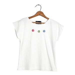 Vintage 90s‎ "Louei Forty" Embroidered Flower Crop Tee – 100% Cotton - Size XS